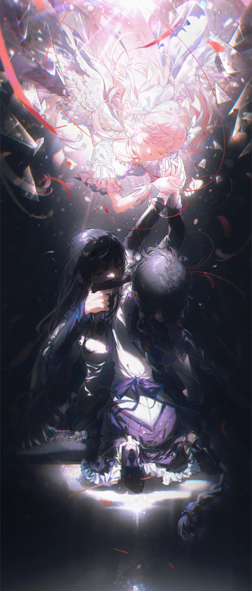 3girls, absurdly_long_hair, absurdres, akemi_homura, angel_wings, arms_up, back_bow, beads