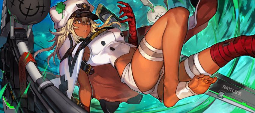 1girl, bandaged_arm, bandages, blonde_hair, breasts, clover, dark-skinned_female, dark_skin