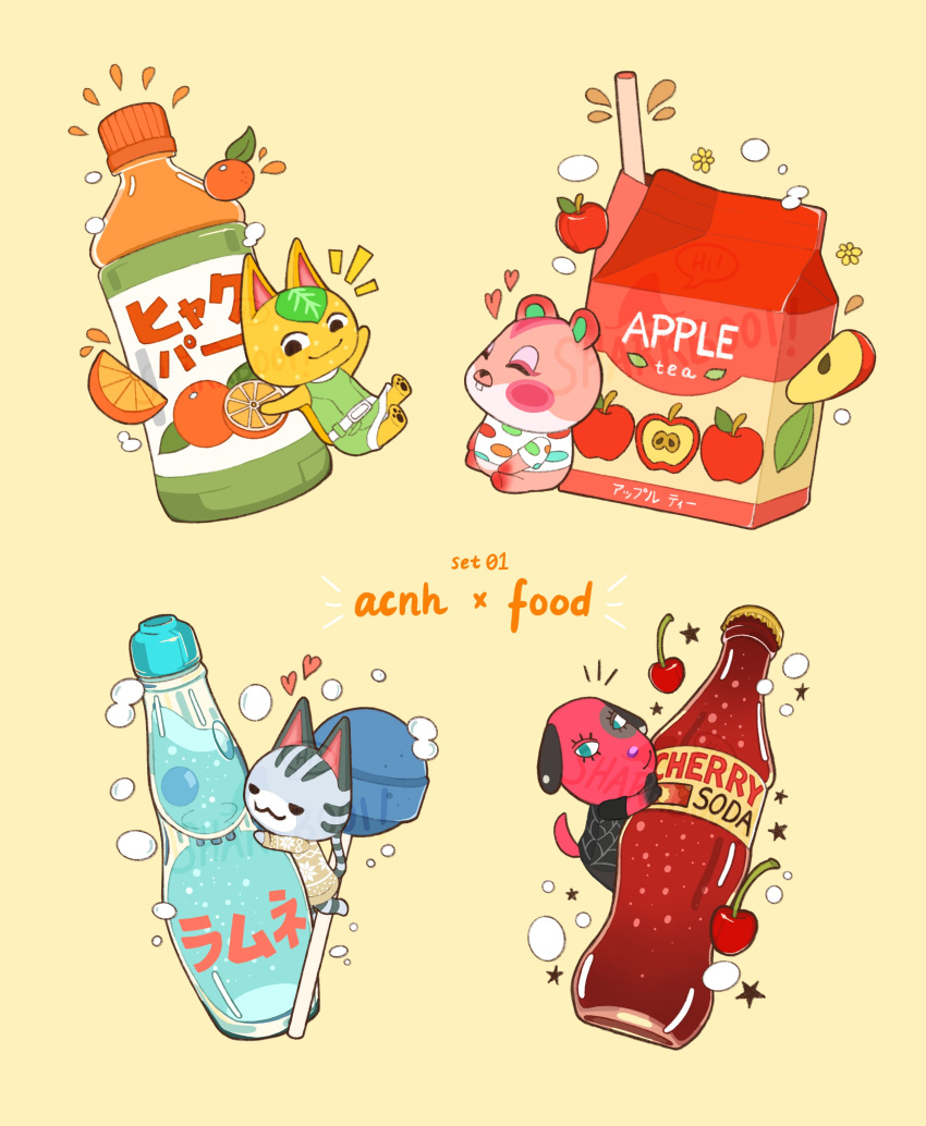 4girls, :3, ^_^, absurdres, animal_crossing, apple, apple_(animal_crossing), apple_slice