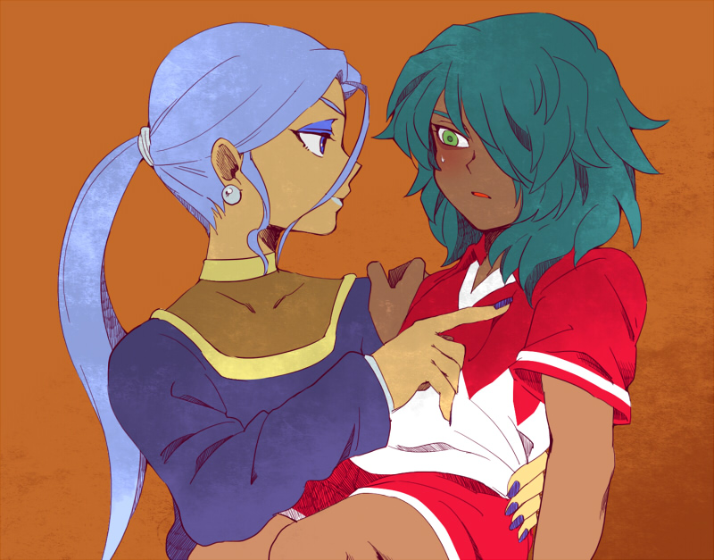 blue_eyes, dark_skin, eliza_manon, eyeshadow, green_eyes, green_hair, hair_over_one_eye, inazuma_eleven