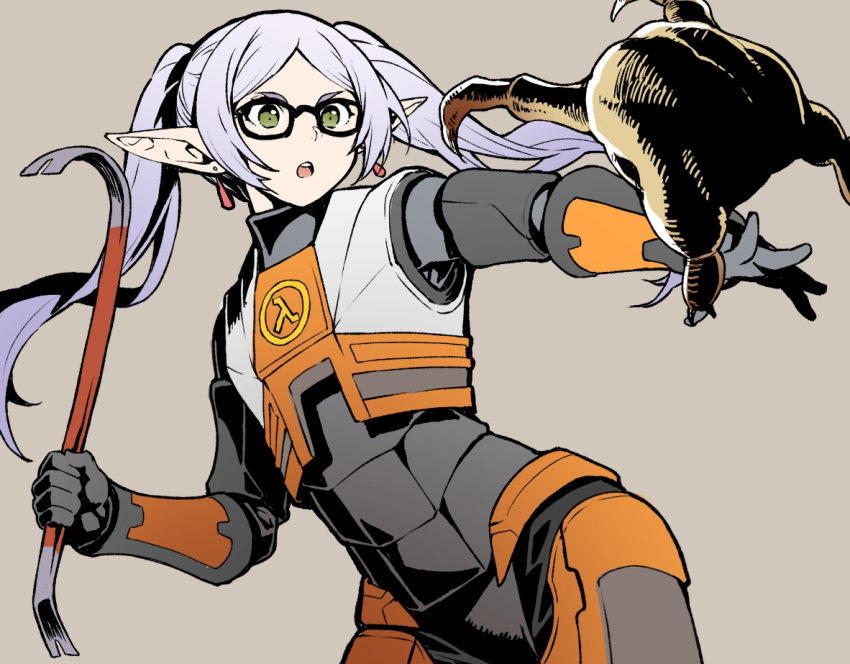1girl, armor, commentary_request, cowboy_shot, crossover, crowbar, earrings, elf