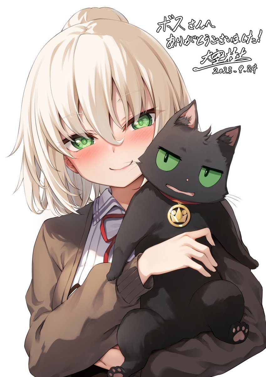 1boy, 1girl, 2023, animal, animal_ear_fluff, animal_hands, black_cat, blush, brown_cardigan, c:, cardigan, cat, closed_mouth, collared_shirt, commission, dated, eyelashes, eyes_visible_through_hair, frown, green_eyes, hair_between_eyes, hand_up, handa_nora, happy, head_tilt, highres, holding, holding_animal, holding_cat, light_brown_hair, lips, long_hair, long_sleeves, looking_at_viewer, nora_to_oujo_to_noraneko_heart, oozora_itsuki, open_cardigan, open_clothes, open_mouth, ponytail, shirt, signature, simple_background, skeb_commission, smile, upper_body, white_background, white_shirt, yuuri_shachi