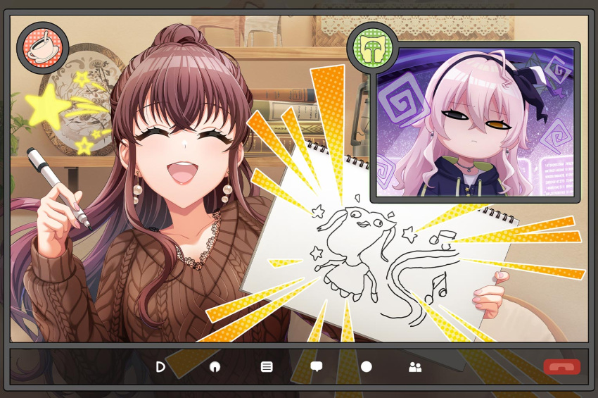 amano_airi, brown_hair, closed_eyes, d4dj, dress, long_hair, official_art, smile