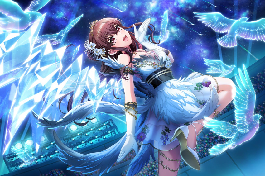 amano_airi, blush, brown_eyes, brown_hair, d4dj, dress, long_hair, official_art