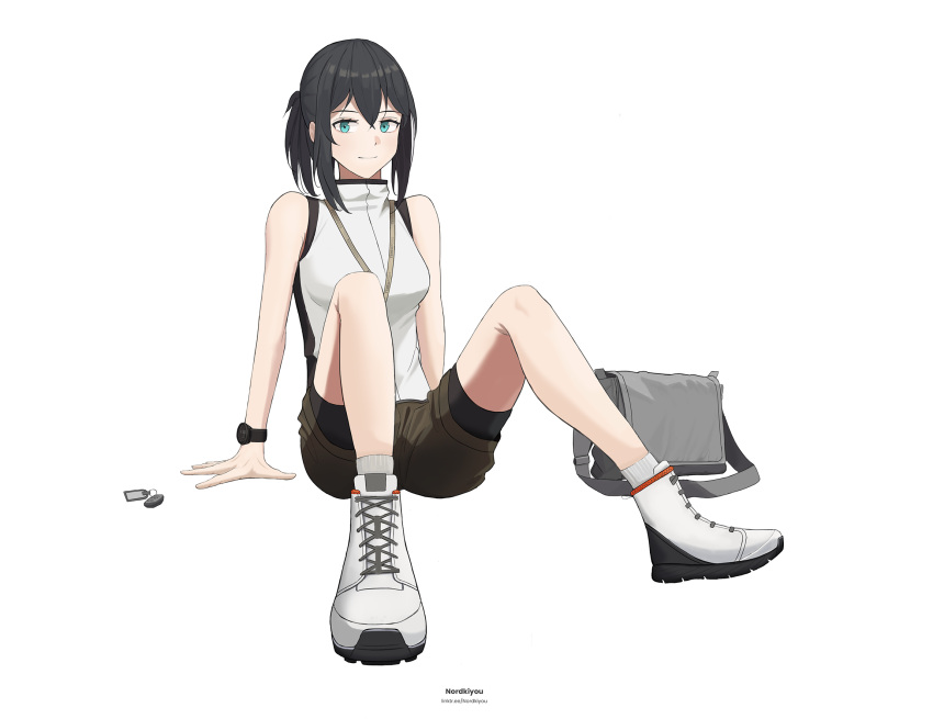 1girl, arm_support, bag, bare_arms, bare_shoulders, bike_shorts, black_hair, black_trim