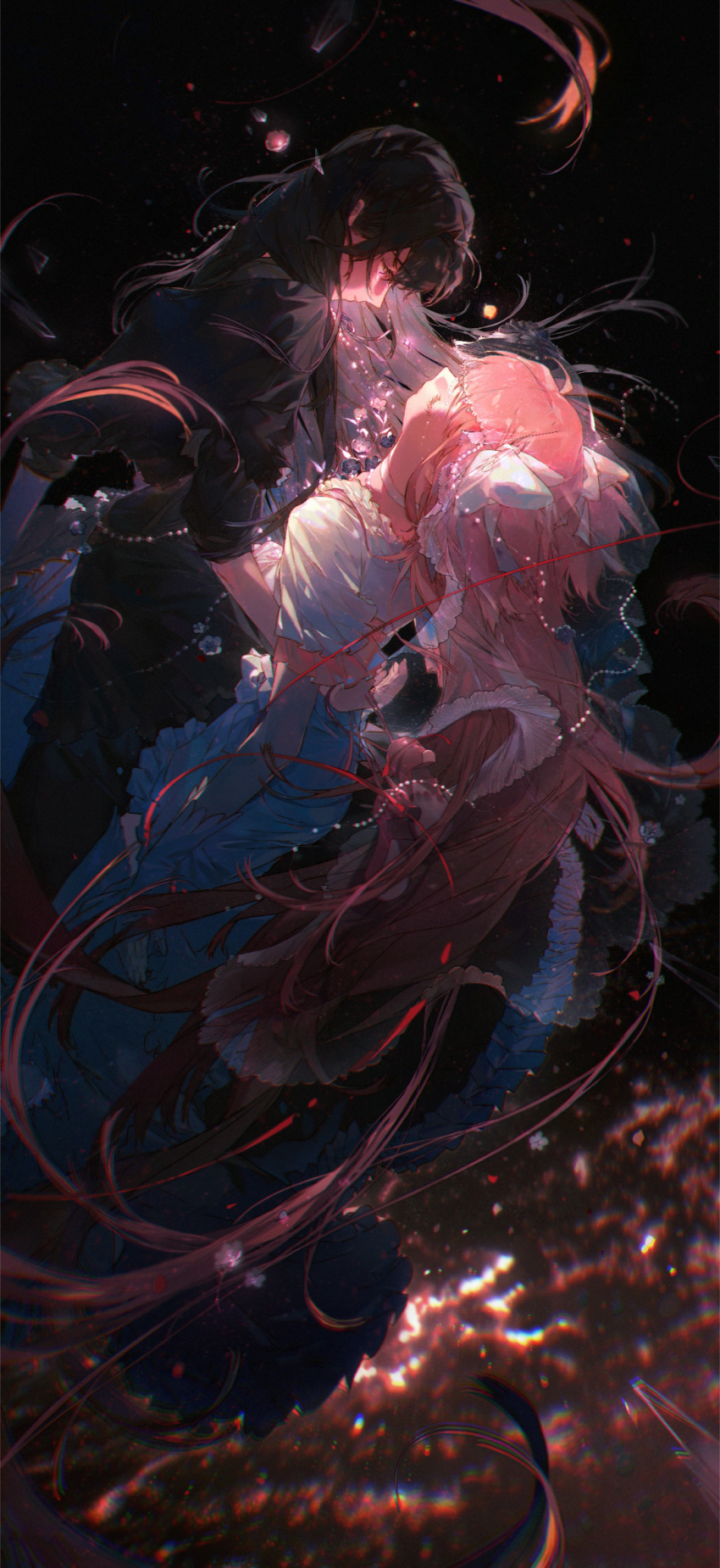 2girls, absurdly_long_hair, akemi_homura, arms_around_waist, beads, black_background, black_capelet, black_dress