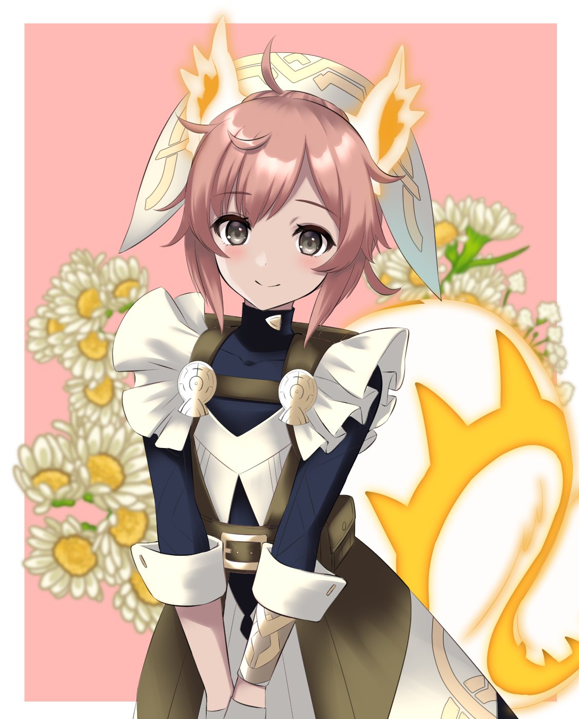 1girl, animal_ears, belt, blue_shirt, brown_belt, fire_emblem, fire_emblem_heroes, frilled_sleeves, frills, grey_eyes, highres, kakiko210, leather_belt, long_sleeves, looking_at_viewer, pink_hair, ratatoskr_(fire_emblem), shirt, solo, squirrel_ears, squirrel_girl, squirrel_tail, tail, turtleneck, white_wrist_cuffs