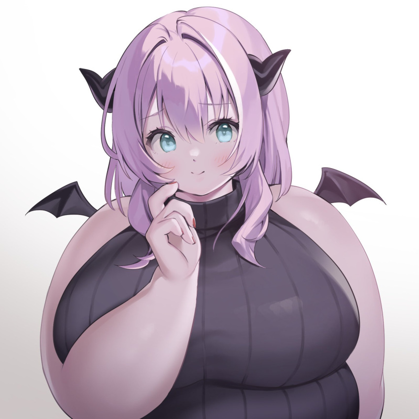 1girl, agano_mai, aqua_eyes, artist_request, black_horns, black_wings, blush, breasts, closed_mouth, commentary_request, dot_nose, fat, hair_between_eyes, head_tilt, highres, horns, indie_virtual_youtuber, large_breasts, long_hair, looking_at_viewer, mini_wings, purple_hair, red_nails, second-party_source, sleeveless, solo, straight-on, thick_arms, upper_body, virtual_youtuber, wings