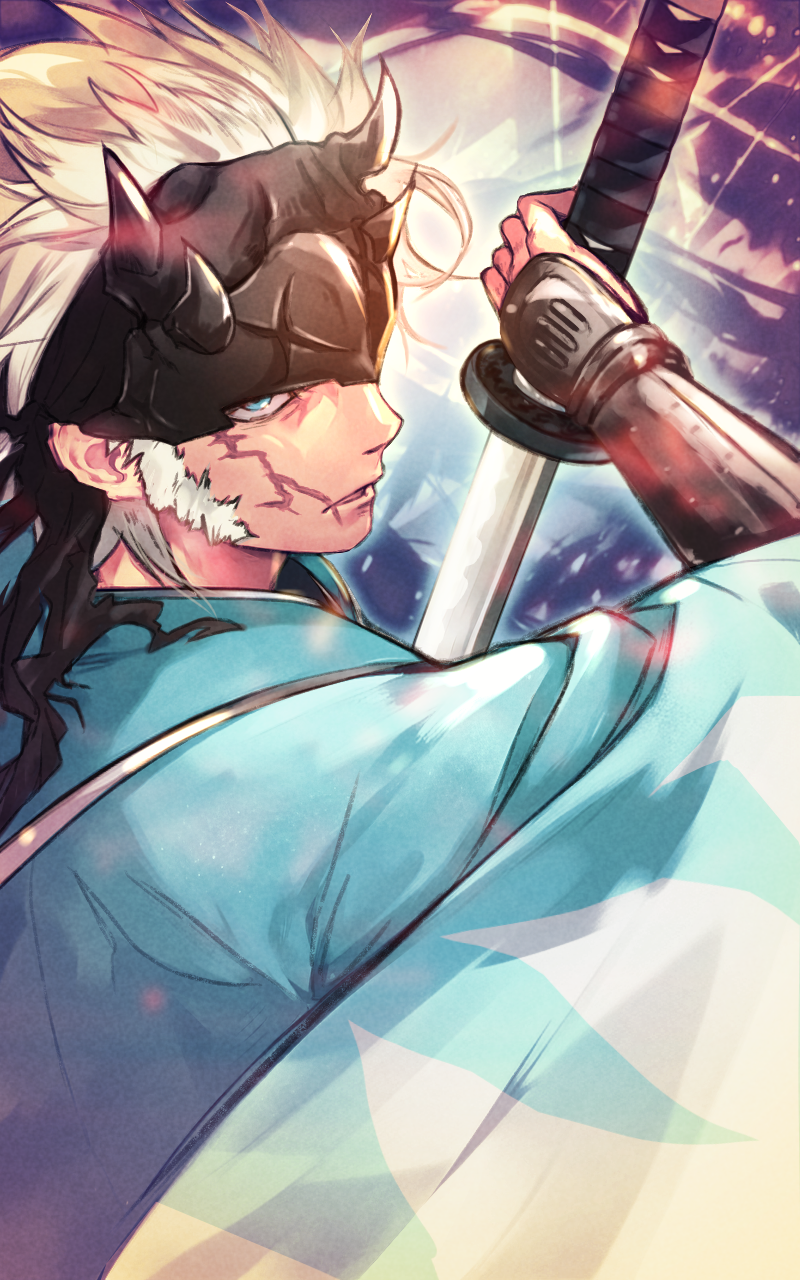 1boy, blue_eyes, dynamitenatalia, fate/grand_order, fate_(series), forehead_protector, haori, highres