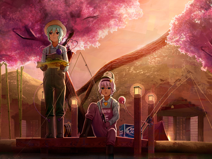 2girls, :d, alternate_costume, animal, bamboo, barrel, bell, black_eyes