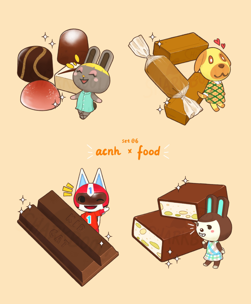 1boy, 3girls, :3, ;d, ^_^, absurdres, animal_crossing, aqua_dress, arm_up, blush, blush_stickers, bonbon_(animal_crossing), bright_pupils, brown_eyes, buttons, candy, carmen_(animal_crossing), cat_boy, chocolate, closed_eyes, closed_mouth, collared_dress, commentary_request, dog_girl, dress, food, food_request, furry, furry_female, furry_male, goldie_(animal_crossing), grin, heart, helmet, highres, jumpsuit, kid_cat_(animal_crossing), kitkat, long_sleeves, looking_at_viewer, multicolored_clothes, multicolored_dress, multiple_girls, one_eye_closed, open_mouth, rabbit_girl, racing_suit, red_headwear, red_jumpsuit, sharkbooi, simple_background, sleeveless, sleeveless_dress, smile, sparkle, waving, white_pupils, yellow_background, yellow_dress