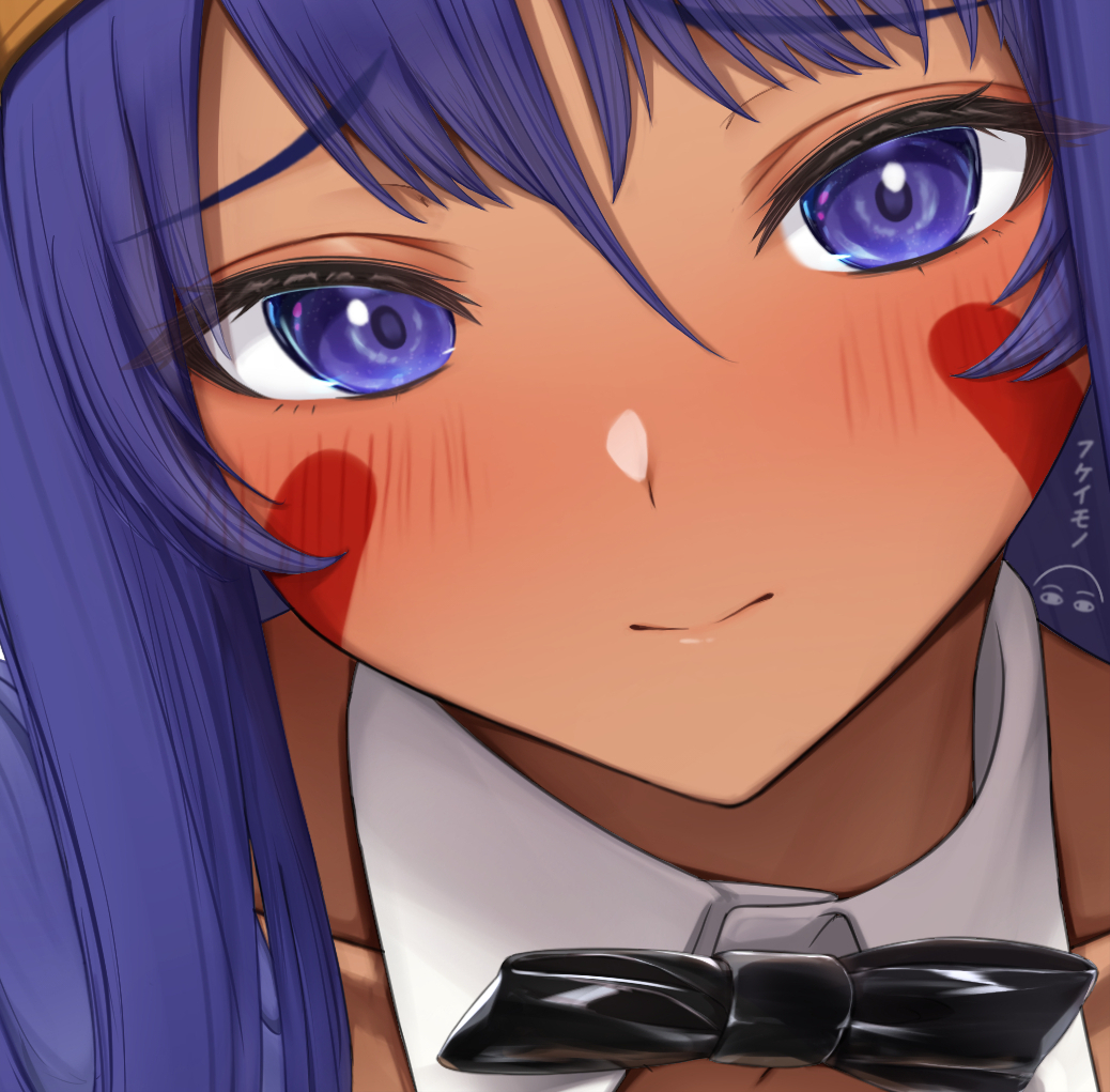 1girl, blush, bow, bowtie, closed_mouth, dark-skinned_female, dark_skin, detached_collar