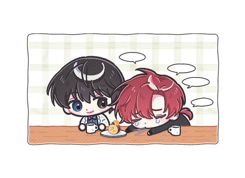 0_9_(030303_0_0), 2boys, black_eyes, black_hair, blank_speech_bubble, blue_eyes, chibi, closed_mouth, commentary_request, cup, eoduun_badaui_deungbul-i_doeeo, food, heterochromia, kim_jaehee, korean_commentary, looking_at_another, male_focus, mug, multiple_boys, park_moo-hyun, redhead, short_hair, simple_background, smile, speech_bubble, table, tears, white_background