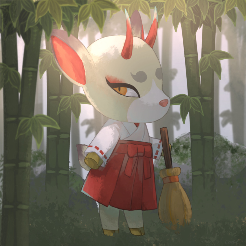 1girl, animal_crossing, bamboo, bamboo_forest, bow, broom, bush, commentary_request