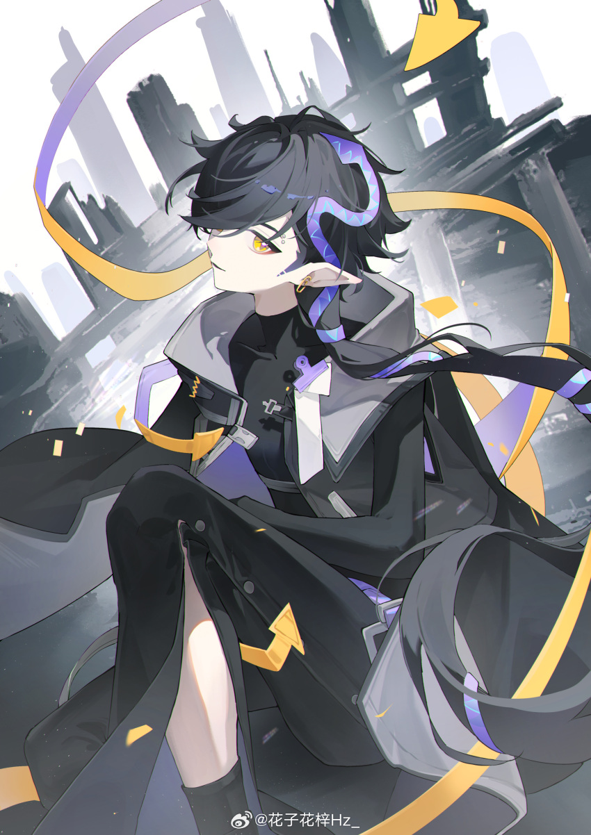1boy, absurdres, antenna_hair, arknights, arm_rest, arrow_(symbol), arrow_hair_ornament, artist_name