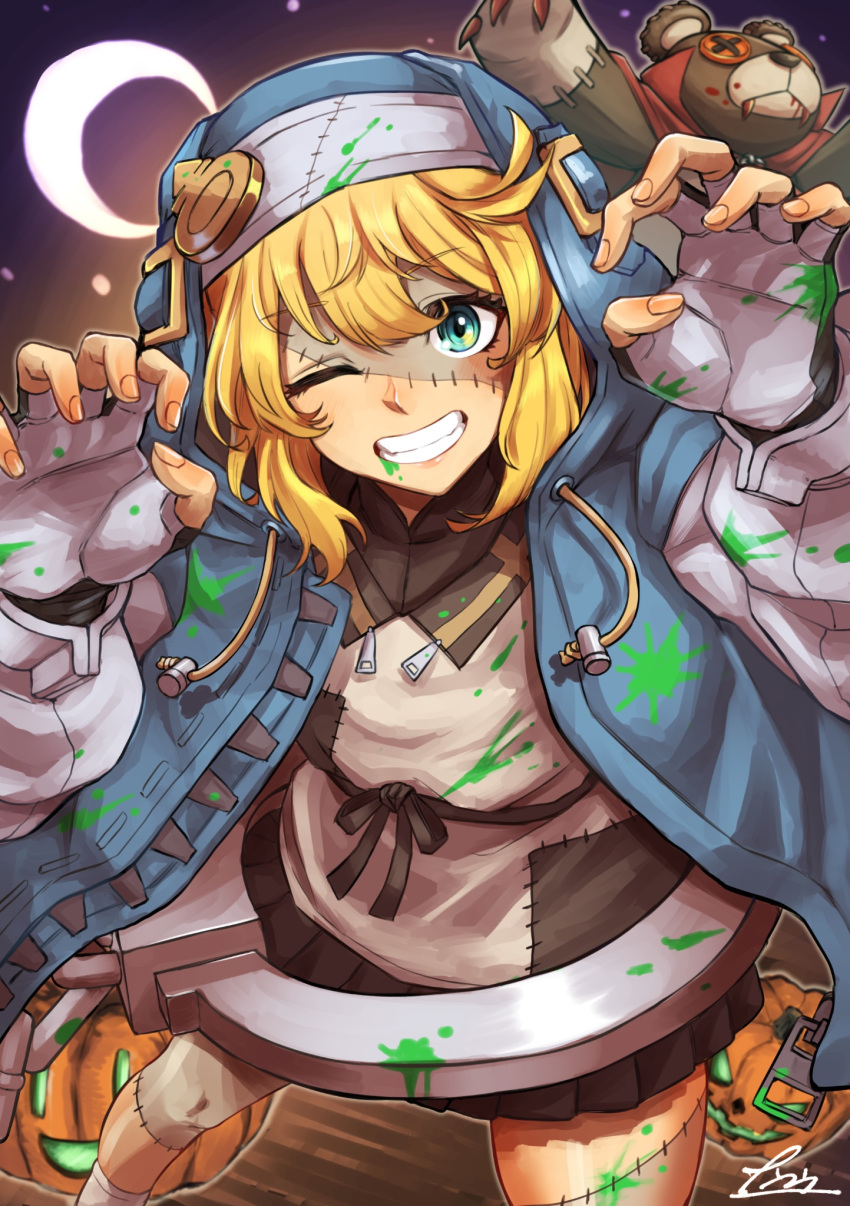 1girl, androgyne_symbol, black_gloves, blonde_hair, bridget_(guilty_gear), bridget_(guilty_gear)_(cosplay), claw_pose, colored_skin, cosplay, crescent_moon, cuffs, female_focus, fingerless_gloves, gloves, green_eyes, grey_skin, grin, guilty_gear, guilty_gear_strive, habit, halloween, halloween_costume, handcuffs, highres, hood, hood_up, hooded_jacket, jack-o'-lantern, jacket, looking_at_viewer, medium_hair, moon, multicolored_skin, nankou_(koutanan), one_eye_closed, patchwork_skin, roger_(guilty_gear), smile, stitched_face, stitched_leg, stitches, stuffed_animal, stuffed_toy, teddy_bear, teeth, two-tone_skin, vampire_costume, zombie
