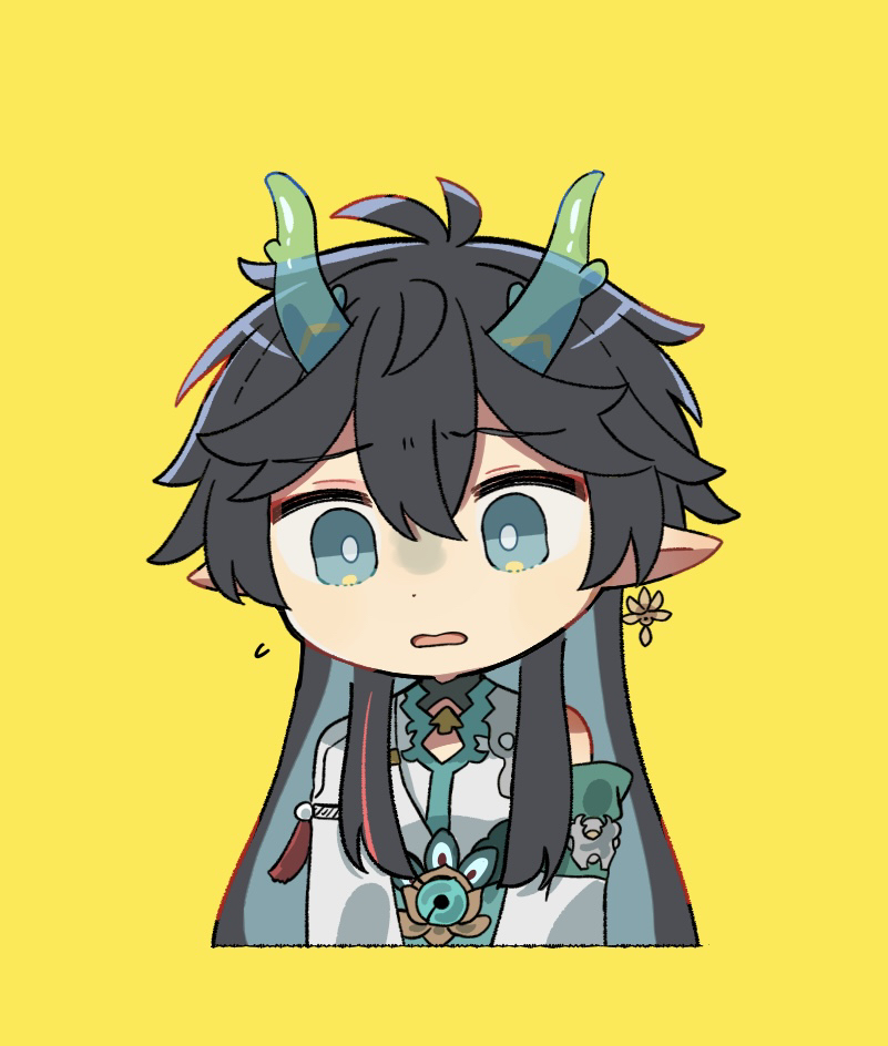 1boy, antenna_hair, aqua_eyes, aqua_hair, aqua_horns, black_hair, brooch, cleavage_cutout