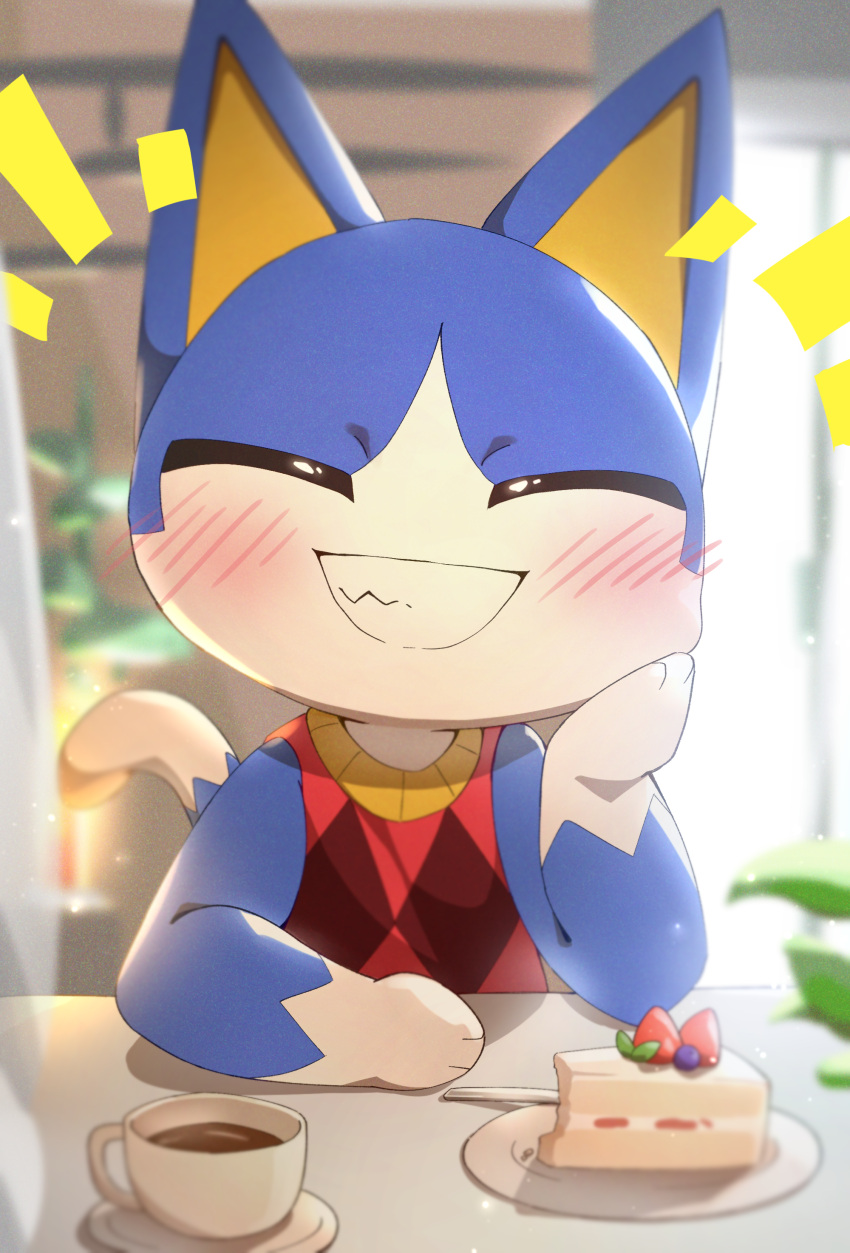 1boy, ^_^, absurdres, animal_crossing, argyle, argyle_sweater, bloom, blurry