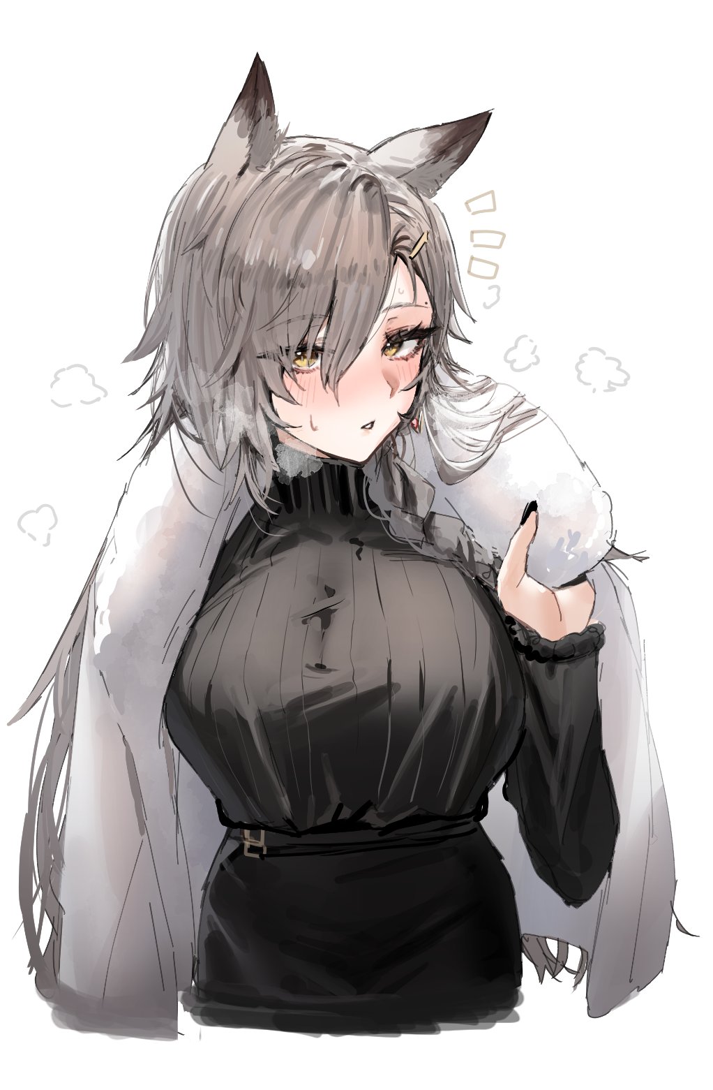 1girl, animal_ears, arknights, black_shirt, black_skirt, blush, braid, breasts