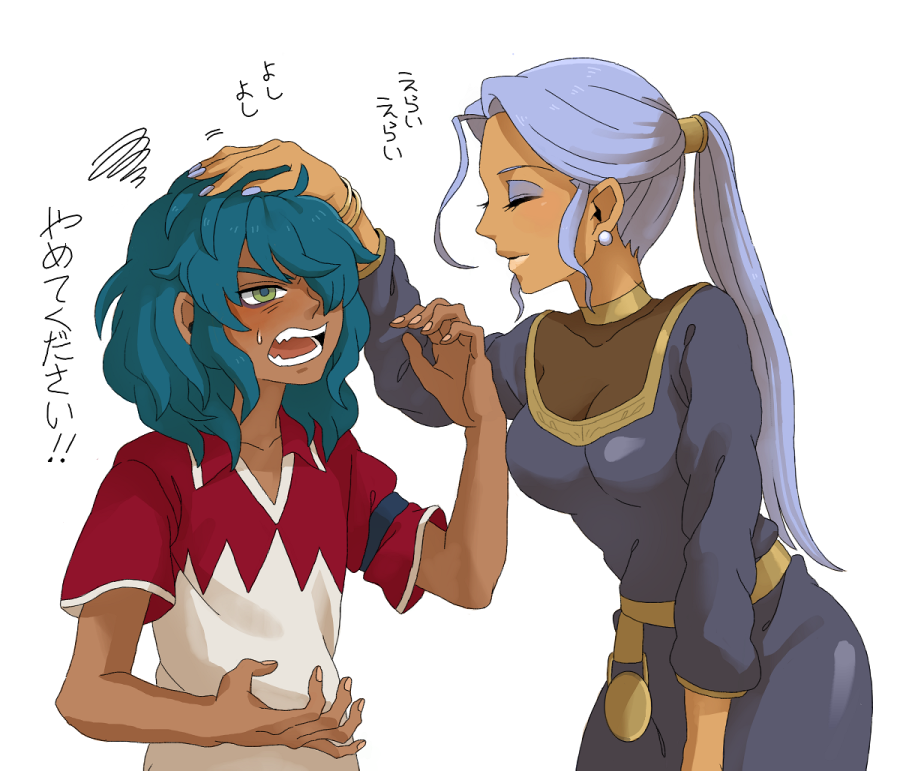 bjorn_kyle, dark_skin, eliza_manon, eyeshadow, green_hair, hair_over_one_eye, inazuma_eleven, lipstick
