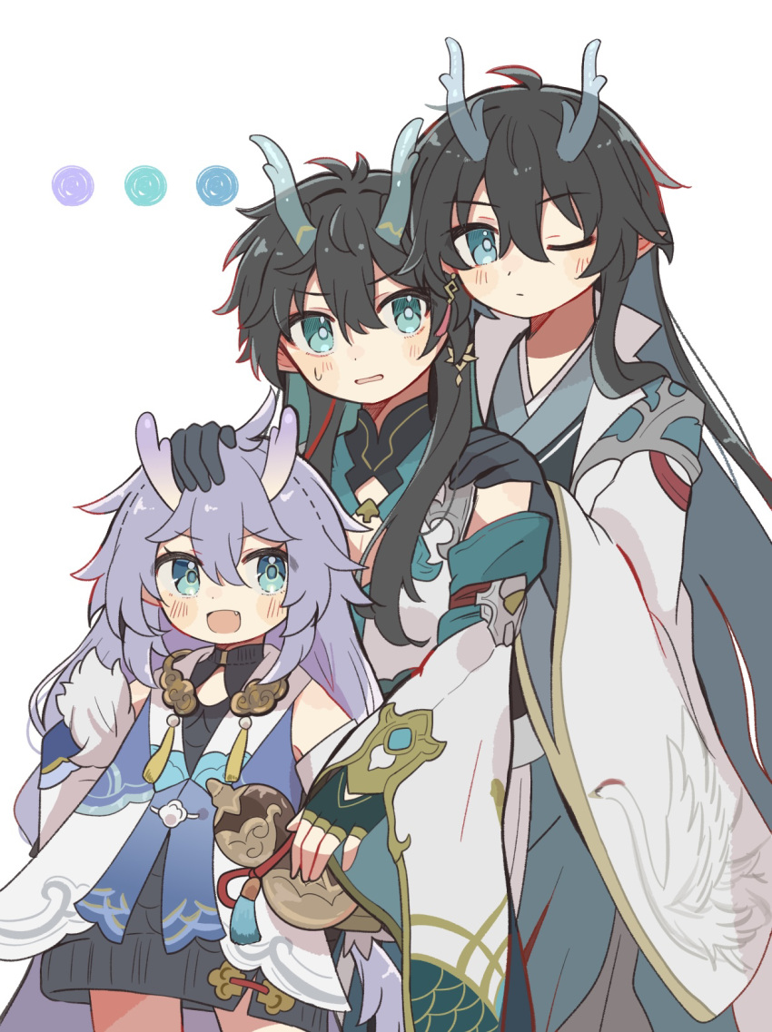 1girl, 2boys, :d, above_cleavage_cutout, ahoge, animal_print, antenna_hair, aqua_eyes