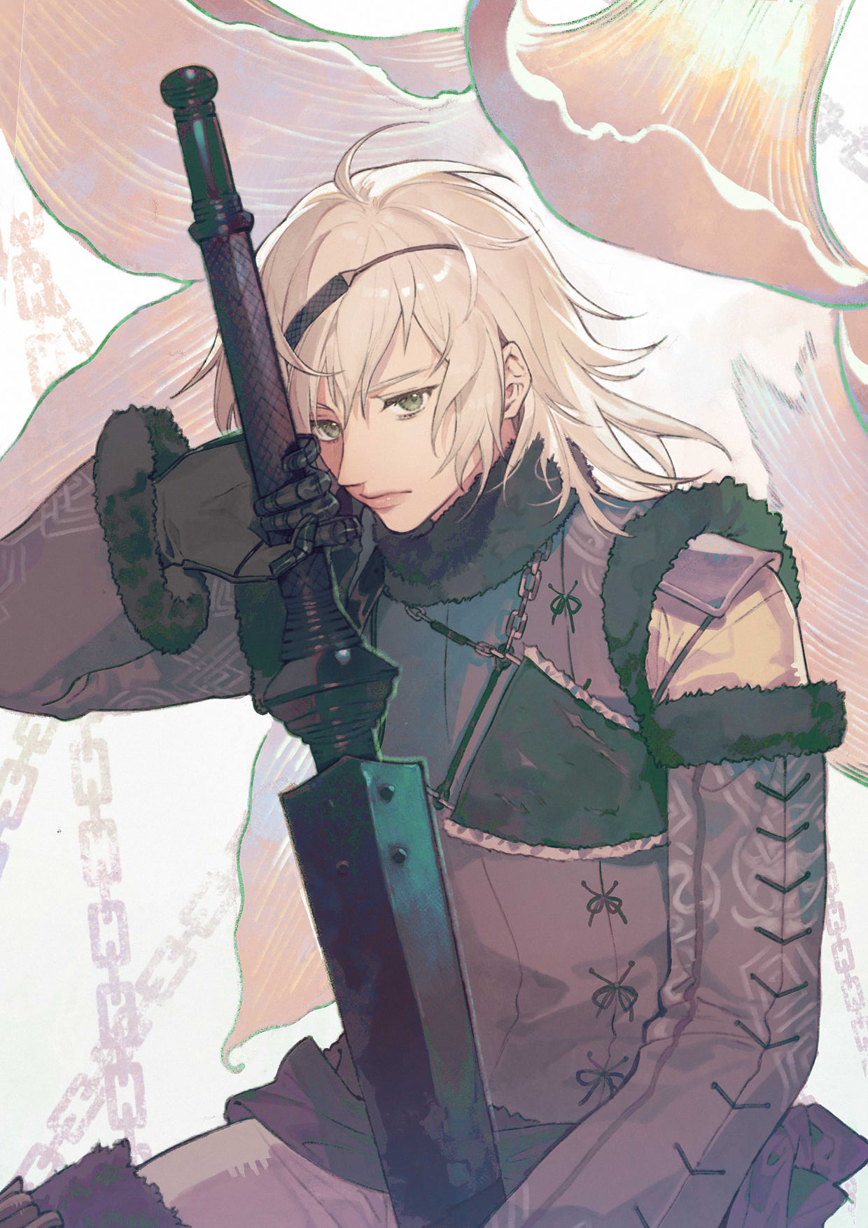 1boy, ahoge, armor, armored_gloves, black_gloves, black_sash, chain, commentary, detached_sleeves, english_commentary, floral_background, fur-trimmed_collar, fur-trimmed_sleeves, fur-trimmed_vest, fur_trim, gloves, green_eyes, grey_sleeves, grey_vest, hairband, highres, holding, holding_sword, holding_weapon, long_sword, looking_at_viewer, lunar_tear, male_focus, medium_hair, nier, nier_(series), nier_(young), rampu, sash, shoulder_armor, sitting, solo, sword, upper_body, vest, weapon, white_hair, white_undershirt