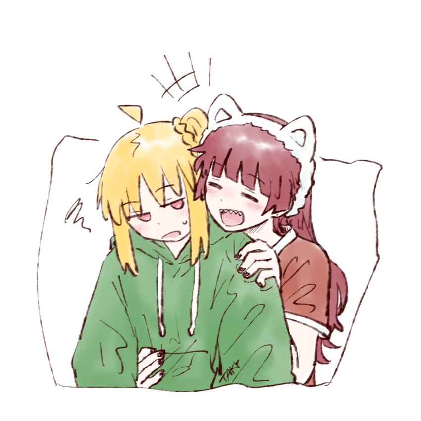 2girls, ahoge, black_nails, blonde_hair, blush, bocchi_the_rock!, cat_hair_ornament, closed_eyes