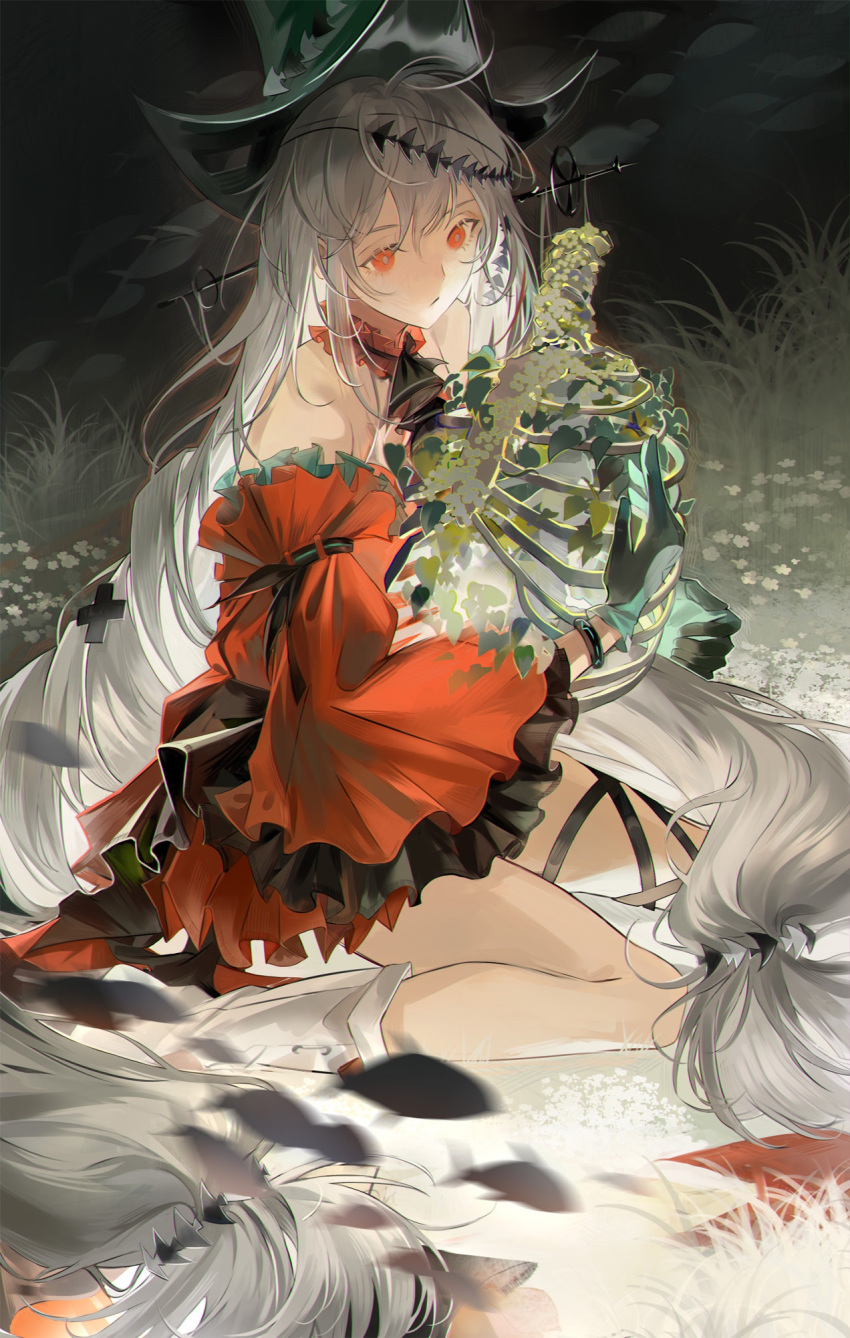 1girl, absurdly_long_hair, ahoge, animal, arknights, ascot, bare_shoulders, black_ascot, black_bracelet, black_straps, blurry, blurry_background, bone, boots, bracelet, bright_pupils, chinese_commentary, closed_mouth, collar, commentary_request, crosshatching, depth_of_field, detached_collar, detached_sleeves, dim_lighting, double-parted_bangs, dress, expressionless, fish, fish_hair_ornament, fish_hat_ornament, flower, flying_fish, frilled_collar, frilled_dress, frilled_sleeves, frills, from_side, full_body, gloves, grass, green_gloves, green_headwear, grey_hair, hair_between_eyes, hair_ornament, hand_up, hat, hat_ornament, hatching_(texture), highres, holding, infection_monitor_(arknights), jewelry, kneeling, linear_hatching, long_hair, long_sleeves, looking_at_object, looking_down, low_twintails, motion_blur, multiple_thigh_straps, official_alternate_costume, on_grass, on_ground, outdoors, outstretched_hand, red_collar, red_dress, red_eyes, red_sleeves, ribs, sanse_(sssei_33), single_sidelock, sitting, skadi_(arknights), skadi_the_corrupting_heart_(arknights), sleeveless, sleeveless_dress, solo, spine, straight_hair, strapless, strapless_dress, tall_grass, thigh_strap, thighs, twintails, very_long_hair, wariza, white_flower, white_footwear, white_pupils, wide_sleeves, x_hair_ornament