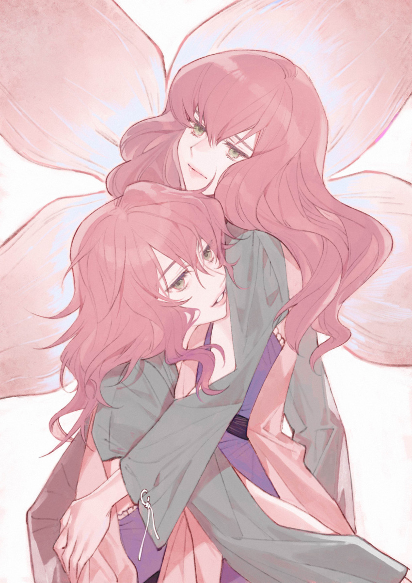 2girls, arm_cutout, black_sleeves, commentary_request, devola, dress, floral_background, flower, from_side, green_eyes, hand_on_another's_back, hand_on_another's_hip, highres, hug, lips, long_hair, long_sleeves, looking_to_the_side, lunar_tear, multiple_girls, mutual_hug, nier, nier_(series), parted_lips, popola, purple_dress, rampu, red_flower, red_tabard, redhead, siblings, sisters, tabard, twins, upper_body, wavy_hair