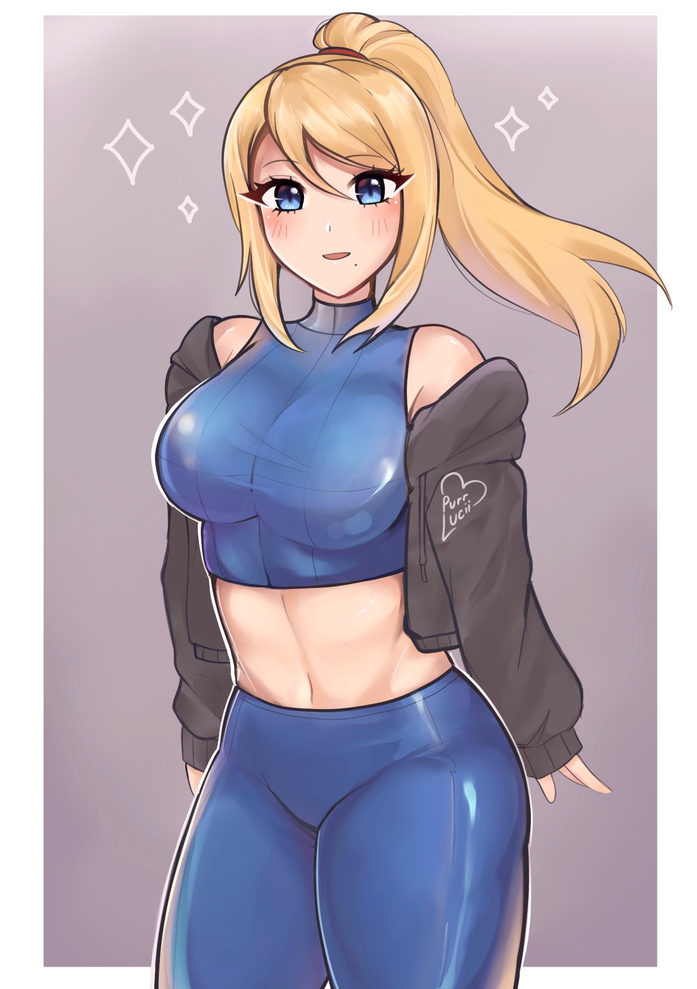 1girl, alternate_costume, bare_shoulders, breasts, crop_top, highres, leggings, looking_at_viewer, medium_breasts, metroid, navel, ponytail, purrlucii, samus_aran, smile, solo, sparkle