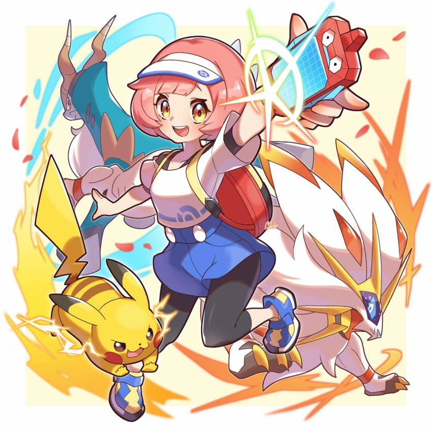 1girl, antlers, backpack, bag, bettie_(pokemon), blue_sclera, claws, cobalion