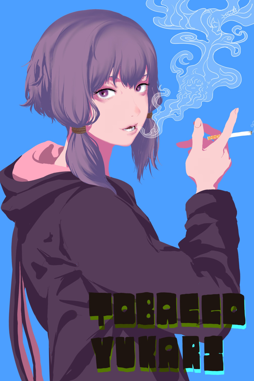 1girl, absurdres, animal_hood, between_fingers, blue_background, cigarette, english_text, from_side, hair_tie, hand_up, highres, holding, holding_cigarette, hood, hood_down, hoodie, index_finger_raised, looking_at_viewer, looking_to_the_side, open_mouth, pink_hoodie, purple_hair, purple_hoodie, rabbit_hood, short_hair_with_long_locks, simple_background, smoke_from_mouth, smoking, solo, tmasyumaro, tsurumaki_maki, two-tone_hoodie, upper_body, violet_eyes, vocaloid, voiceroid, yuzuki_yukari