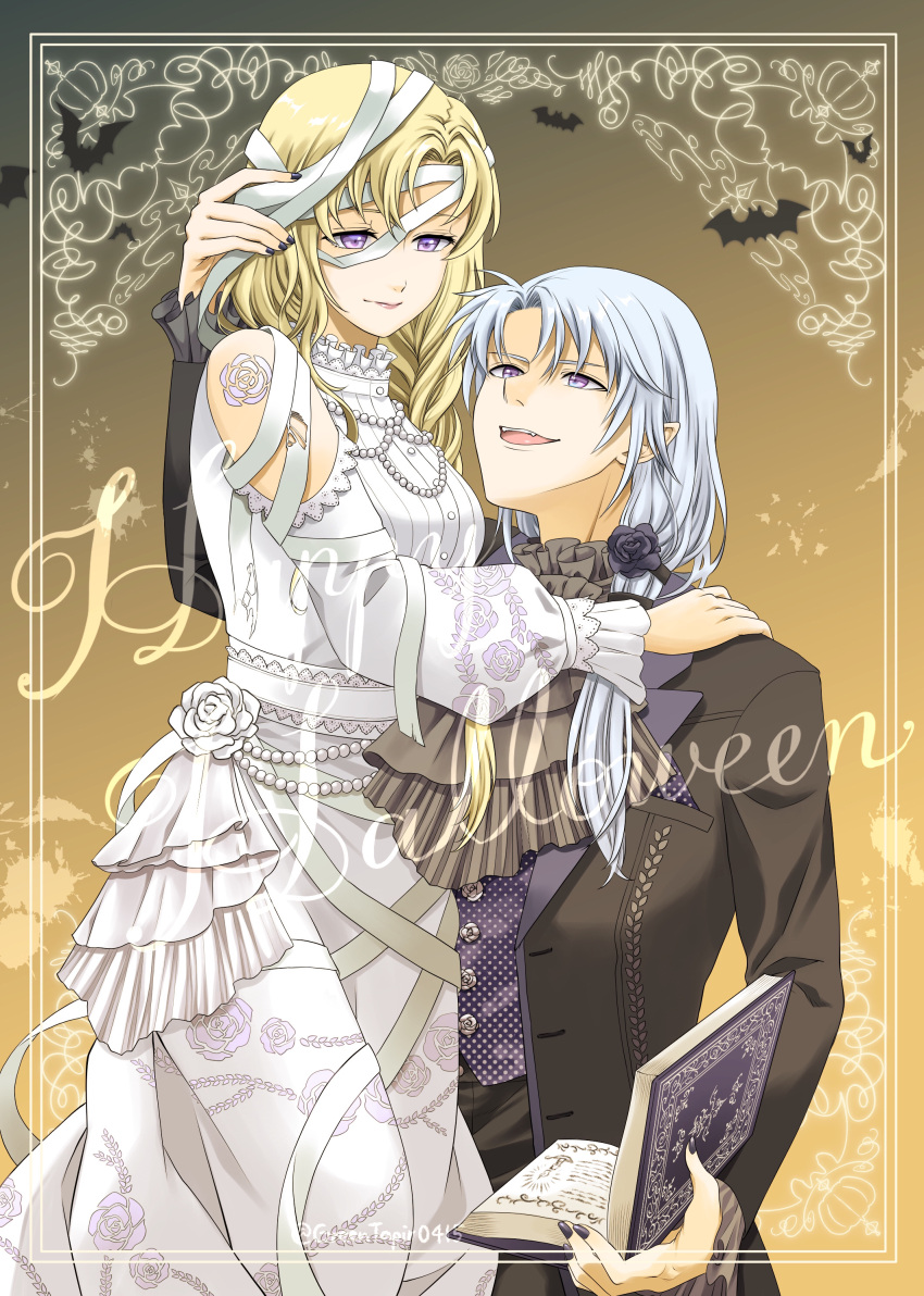 1boy, 1girl, absurdres, bat_(animal), black_nails, black_suit, blonde_hair, book