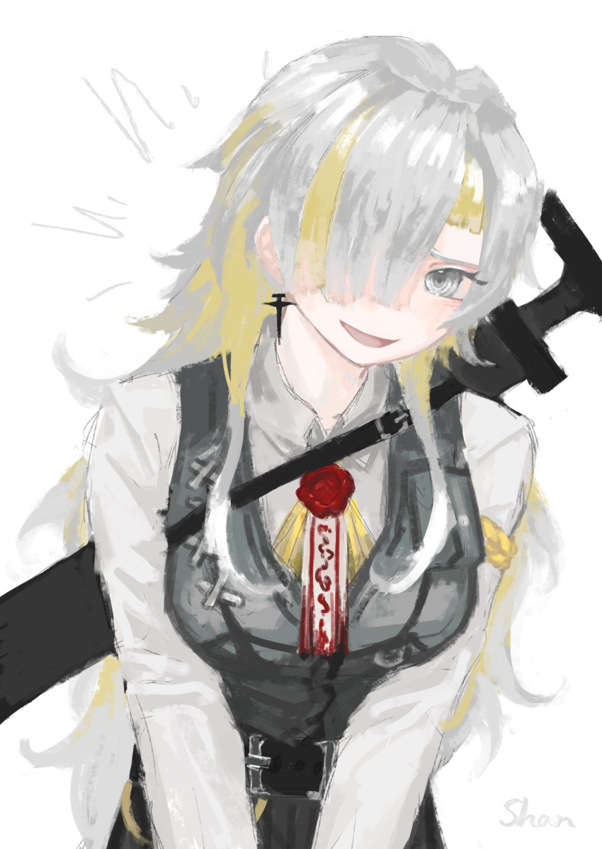 1girl, belt, black_belt, black_pants, black_vest, breasts, collared_shirt, highres