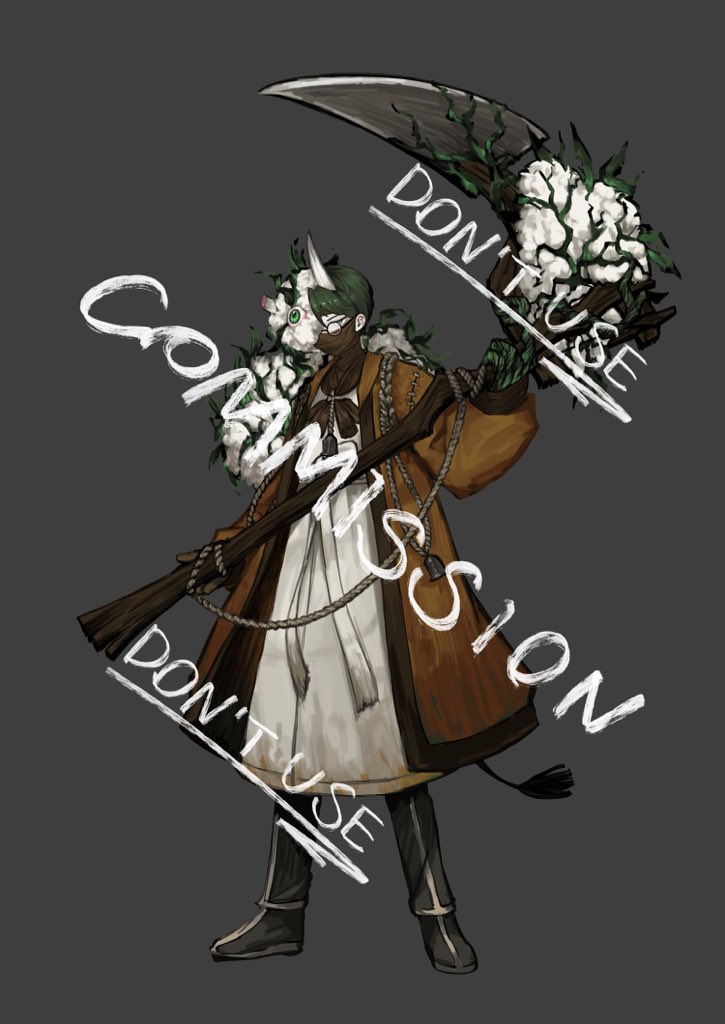 1boy, black_footwear, black_pants, coat, commission, cow_horns, cow_tail, dongrang_(project_moon), e.g.o_(project_moon), glasses, grey_background, holding, holding_scythe, horns, korean_text, limbus_company, long_sleeves, looking_at_viewer, male_focus, pants, peccatulum_gulae, project_moon, scythe, shan23852196, simple_background, solo, spoilers, tail, white_coat