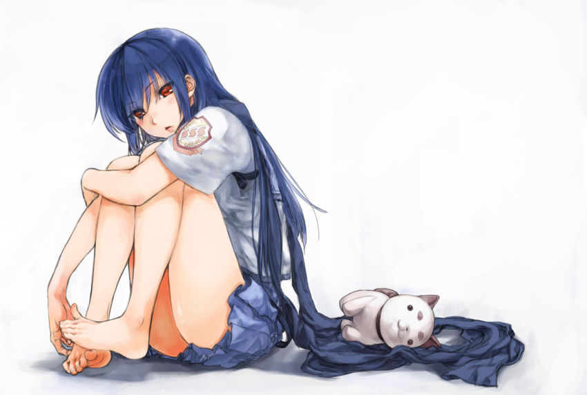 barefoot, blue_hair, cat, feet, ichinomi, leg_hug, legs, long_hair, red_eyes, scarf, school_uniform, serafuku, shiina_(angel_beats!)
