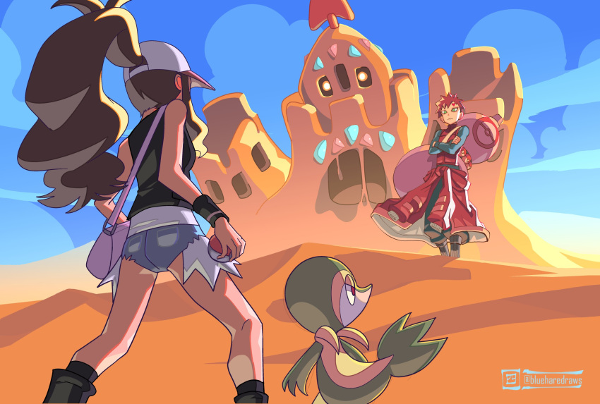 1boy, 1girl, baseball_cap, blueharedraws, brown_hair, denim, denim_shorts, gaara_(naruto)