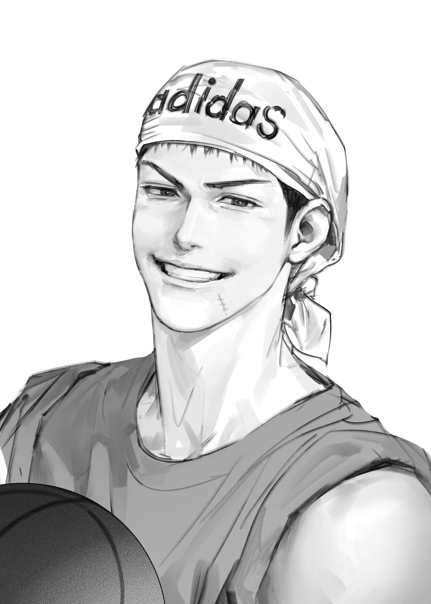 1boy, adidas, ball, bandana, basketball_(object), black_eyes, black_hair, greyscale