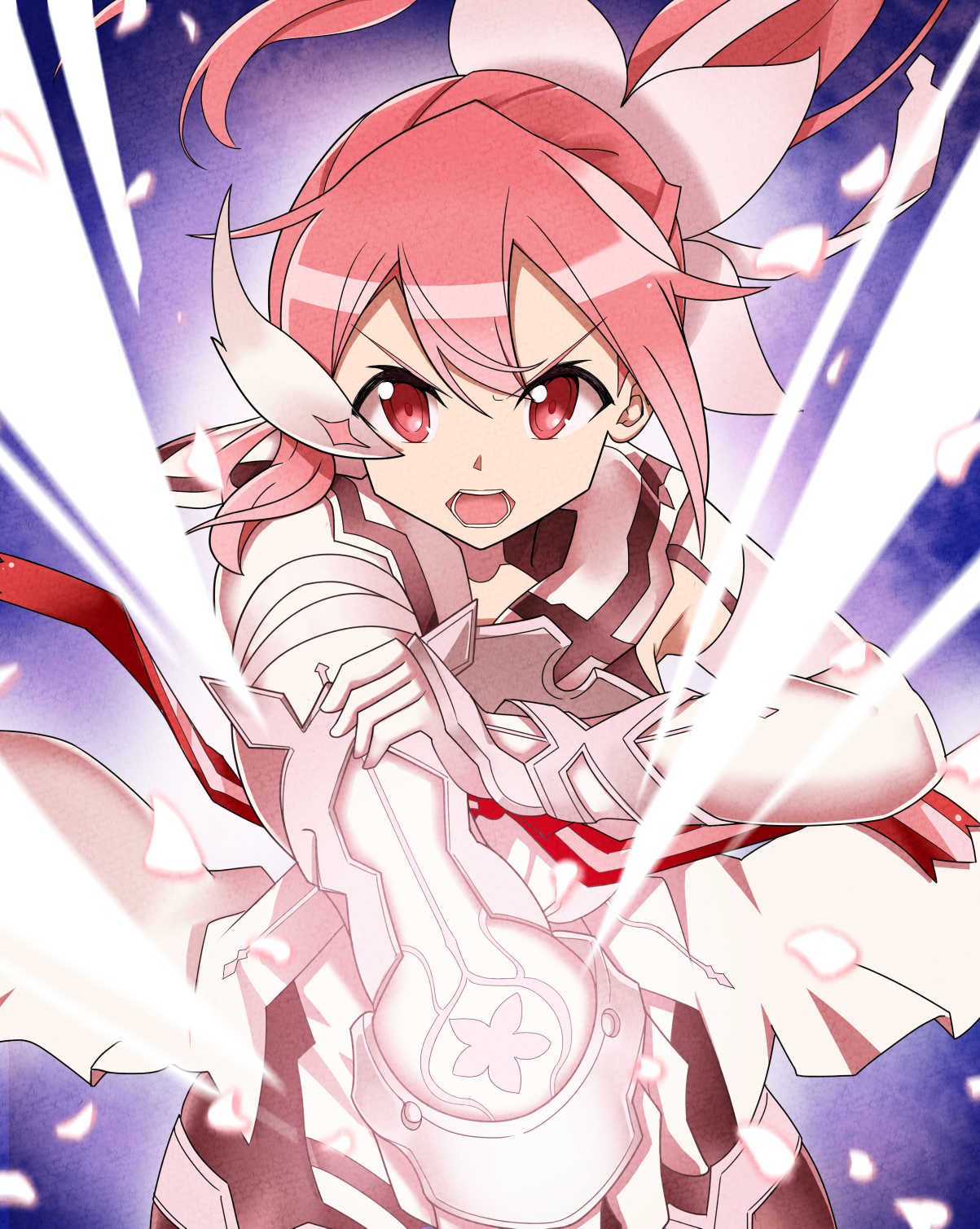 1girl, armor, blue_background, fighting_stance, flower, hair_ornament, hair_ribbon, highres, kaiserliew99, light_particles, magical_girl, medium_hair, open_mouth, pink_eyes, pink_hair, ribbon, yuuki_yuuna, yuuki_yuuna_wa_yuusha_de_aru, yuusha_de_aru