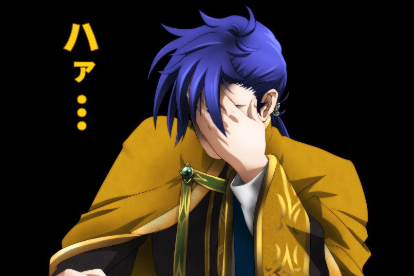 1boy, asymmetrical_hair, black_background, blue_hair, cape, facing_viewer, genya_(genya67), hand_over_face
