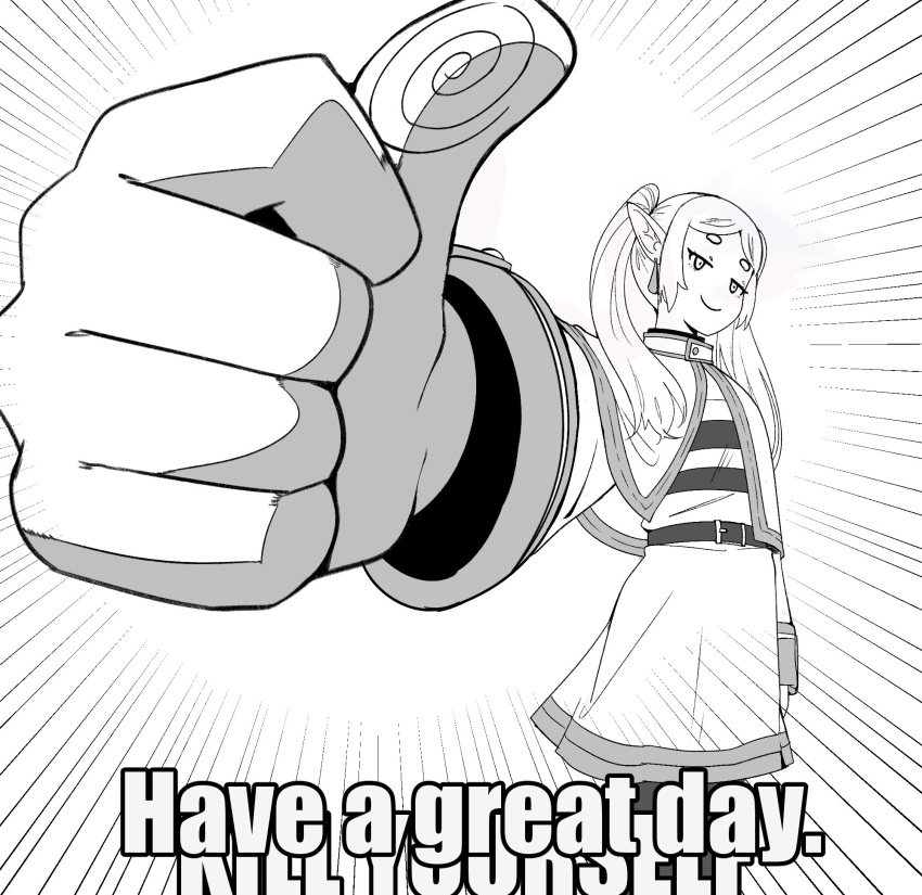 1girl, capelet, comedy, drop_earrings, earrings, elf, emphasis_lines, english_commentary