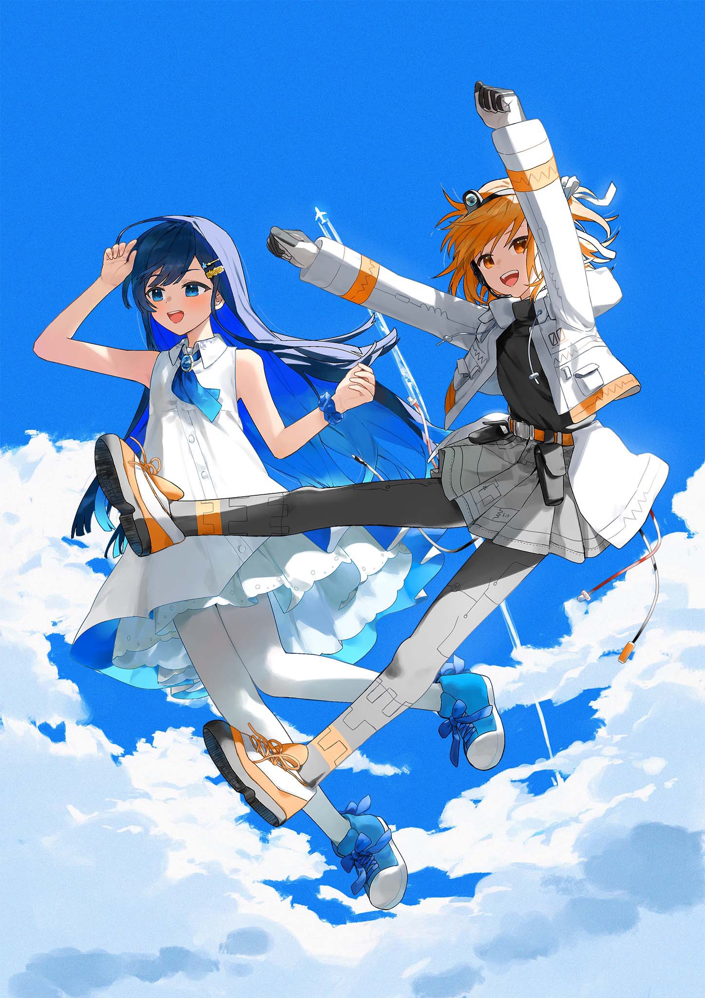 2girls, a.i._voice, adachi_rei, aircraft, airplane, arm_up, arms_up, belt
