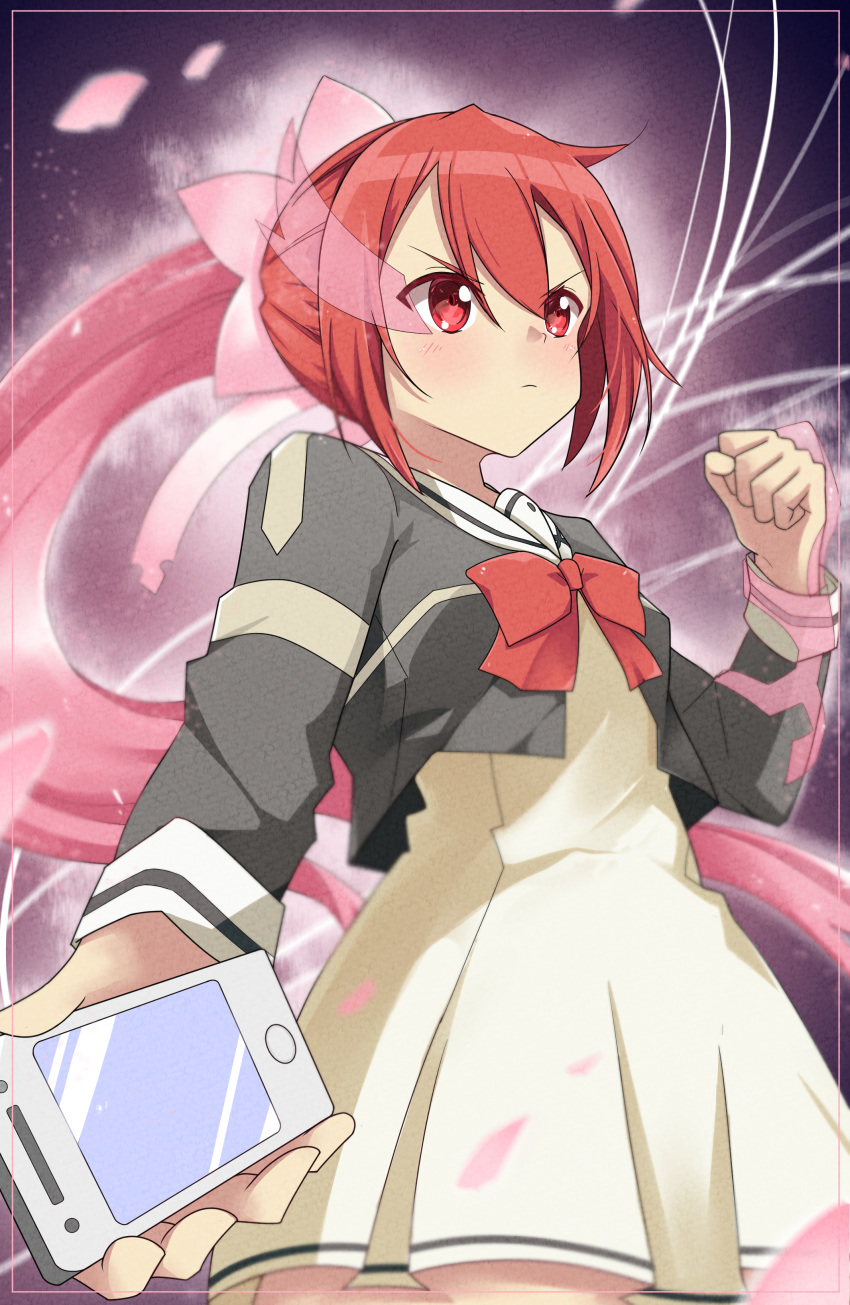 1girl, absurdres, angry, cellphone, clenched_hand, hair_ribbon, henshin, highres