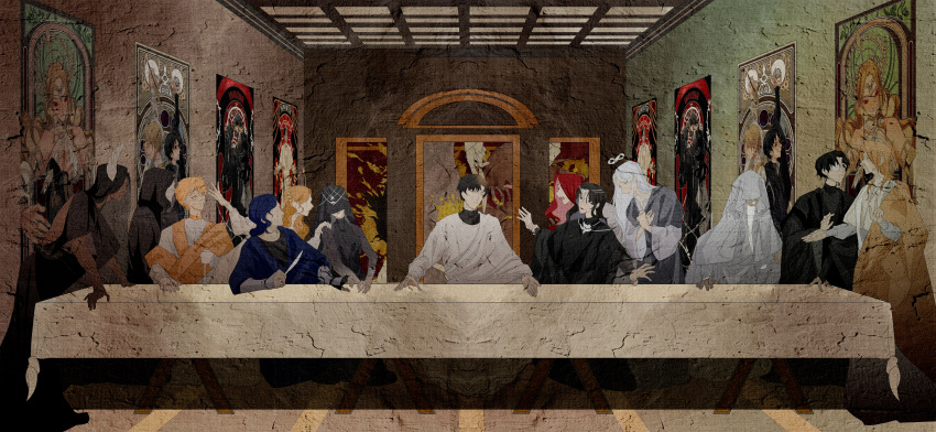 2girls, 6+boys, absurdres, adam_(lord_of_the_mysteries), amon_(lord_of_the_mysteries), ancient_sun_god, beard, black_hair