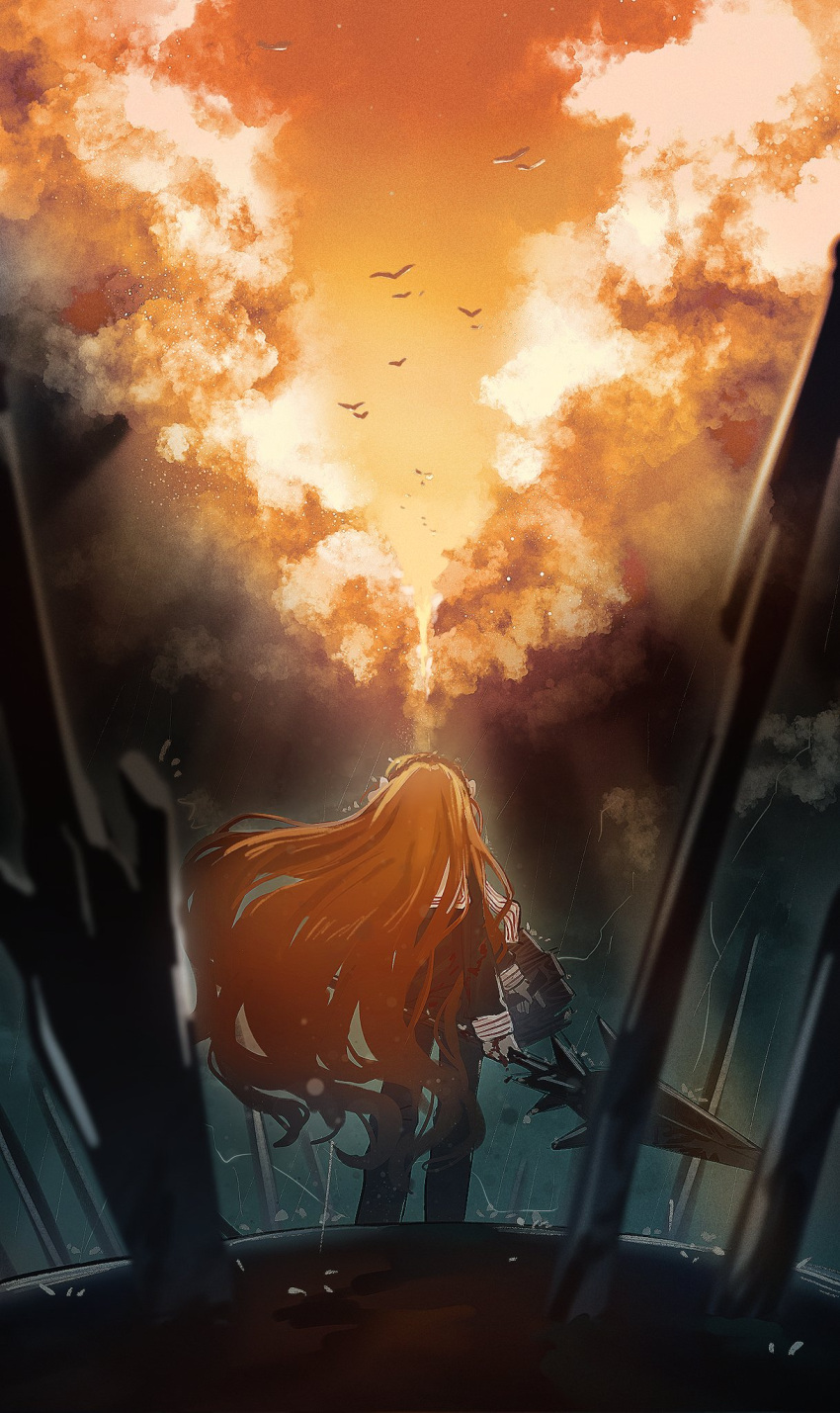 1girl, bird, black_pants, black_shirt, clouds, harpoon, highres, holding