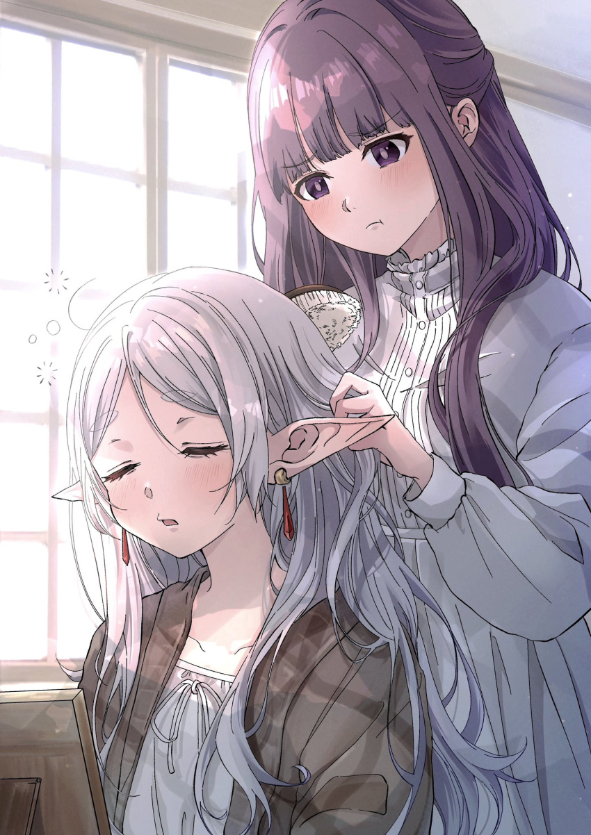 2girls, black_jacket, blush, brushing_hair, cheek_bulge, closed_eyes, collar, collarbone, dress, ear_piercing, fern_(sousou_no_frieren), frieren, frilled_collar, frills, grey_hair, hair_brush, highres, indoors, jacket, long_hair, long_sleeves, looking_at_another, multiple_girls, omichi_1219, open_mouth, picture_frame, piercing, pointy_ears, puffy_sleeves, purple_hair, sleepy, sousou_no_frieren, upper_body, violet_eyes, white_dress, window