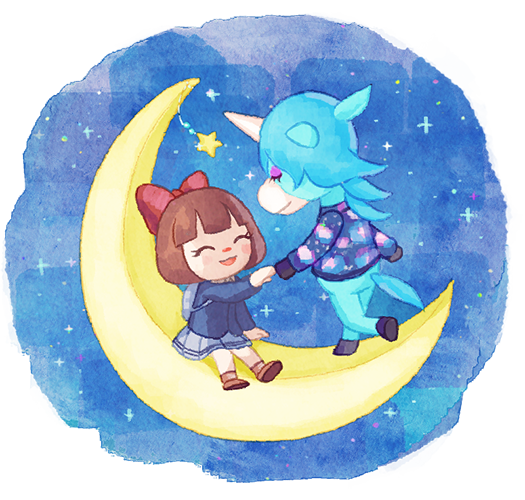 1boy, 1girl, :d, ^_^, animal_crossing, backpack, bag, blue_hair