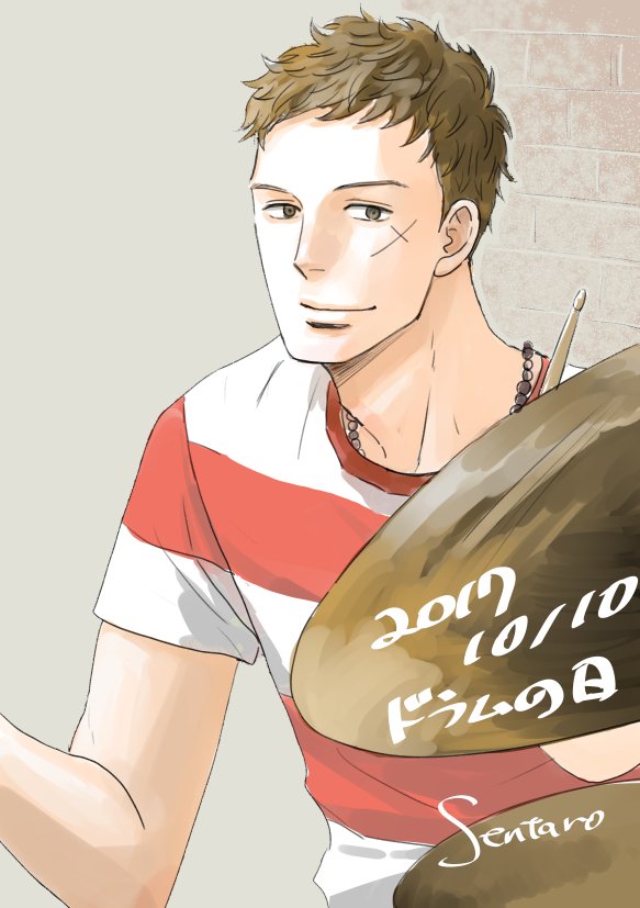 1boy, brown_eyes, brown_hair, cymbals, drumming, drumsticks, grey_background, holding