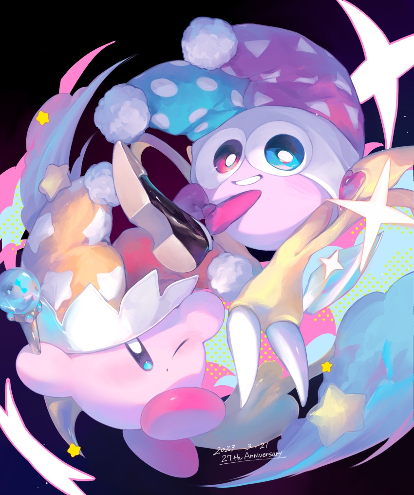 1boy, 1other, ;o, absurdres, anniversary, beam_kirby, black_background, blue_eyes