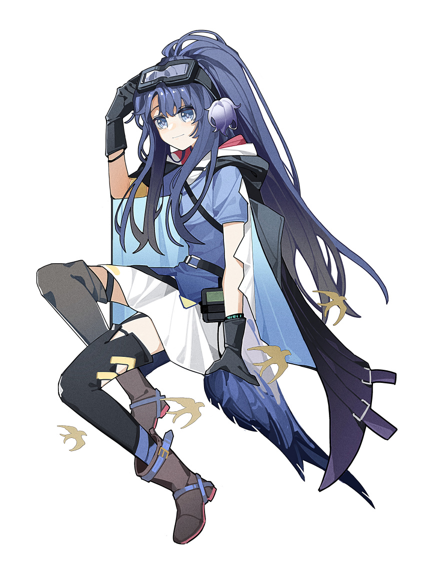 1girl, absurdres, ankle_boots, arknights, arm_support, astgenne_(arknights), bird, black_cape